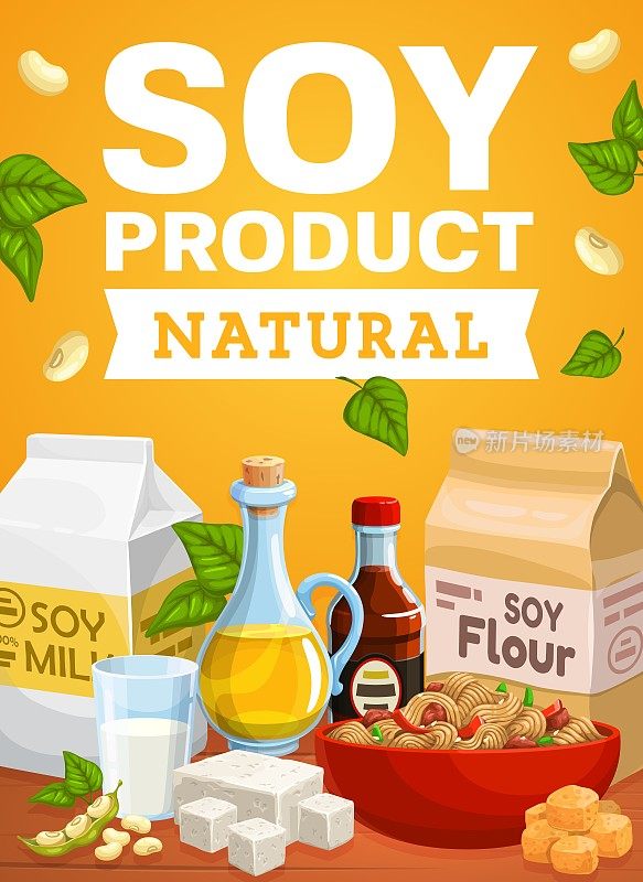 Natural soybean food products vector poster